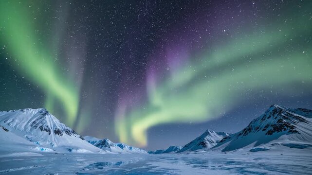 Aurora Borealis Over Snowy Mountains At Night