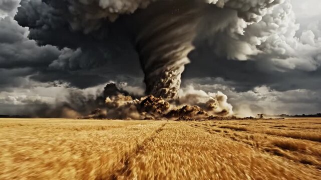 Massive tornado ripping through a golden wheat field