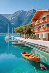 Fototapeta premium Peaceful alpine lake view in Austria with wooden boats and flower-adorned chalet by the Alps