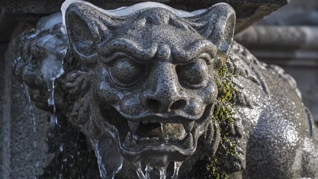 Stone Gargoyle Sculpture with Ice and Dripping Water