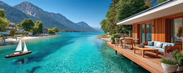 Obraz premium Lakeside modern house with wooden deck and sailboat on turquoise lake in Seefeld, Austria