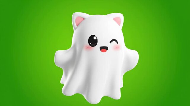 Cute 3d render of a friendly white ghost with cat ears on a vibrant green background for halloween.