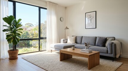 Fototapeta premium Modern Living Room with Large Window, Sectional Sofa, and Coffee Table