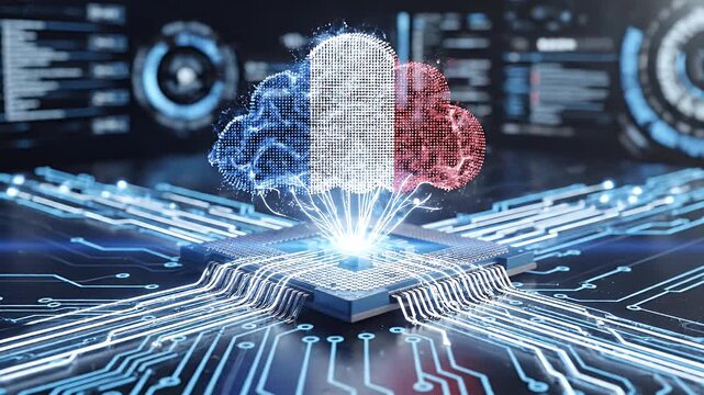 A futuristic depiction showcases artificial intelligence emerging from a computer processor.