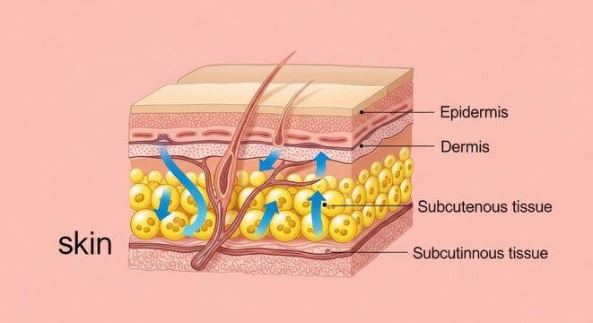 Anatomy of skin layers including epidermis, dermis, and subcutaneous tissue structure