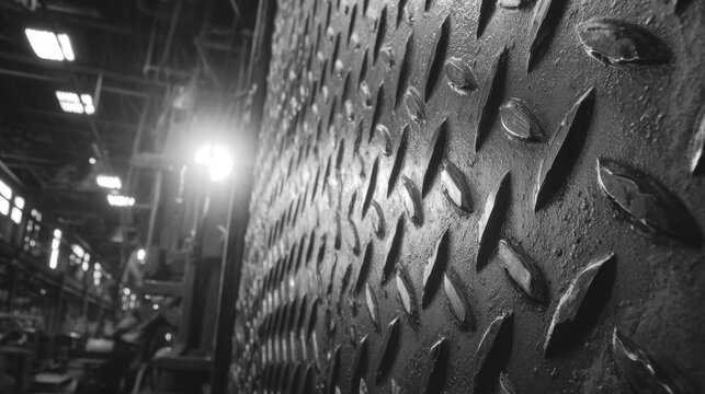 Diamond plate aluminum barrier with textured surface and industrial lighting
