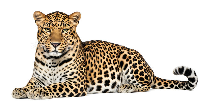 A large spotted leopard lying down and looking ahead cautiously transparent background