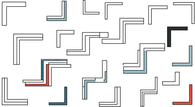 Scattered pattern of outlined L-shaped geometric figures with subtle color accents (blue, red, black) on a simple white background.