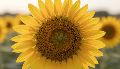 Fototapeta premium Sunflower head showing seed pattern in field background