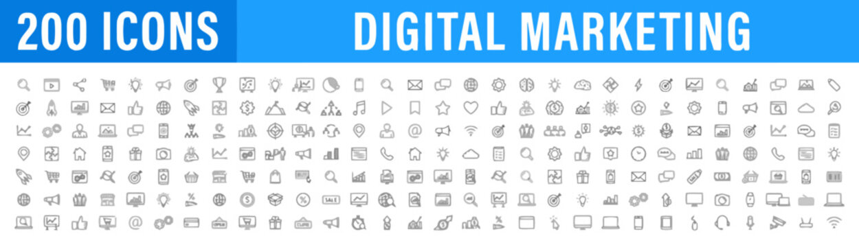 Set of 200 Digital Marketing Line Icons for Web and Business