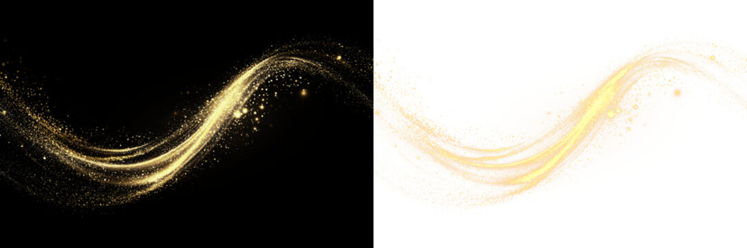 Gold sparkle light swirl dust wave effect on black, transparent png overlay
