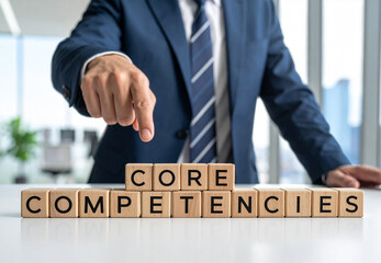 Obraz premium Core Competencies - Geschäftsmann zeigt auf den Text 