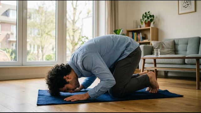 Muslim man performing prayer at home. Believer bowing on mat in prostration position. Islamic religious practice and daily worship for faith in modern interior.