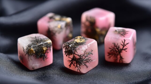 Delicate pink rhodonite crystals with dendritic inclusions, showcasing nature's intricate beauty