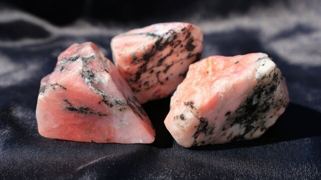Delicate pink rhodonite crystals with black dendritic inclusions on a dark textured surface