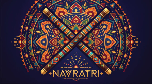 Vibrant indian navratri festival illustration featuring traditional garba sticks dandiya crossed over a colorful mandala pattern celebrating hindu culture and traditional dance with festive
