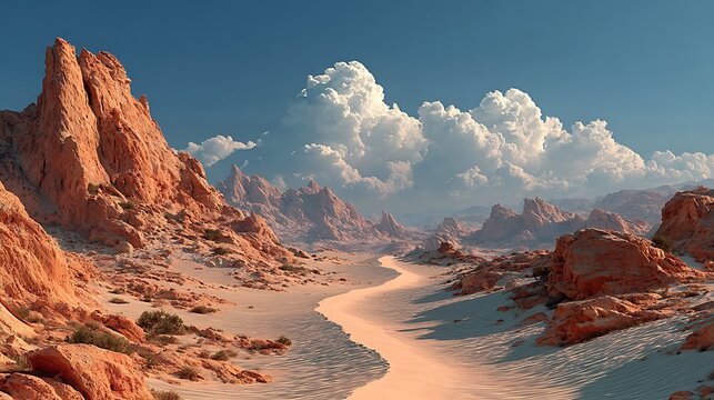 Solitary winding track leading across endless golden desert dunes wallpapers