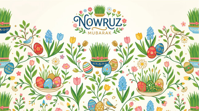 Vibrant nowruz mubarak illustration with floral pattern colorful eggs and potted grass on cream background celebrating spring and renewal