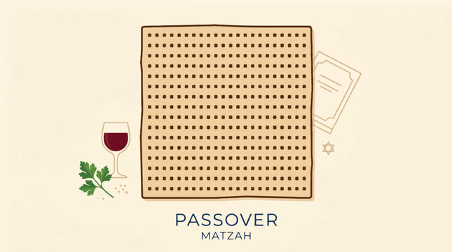 Passover matzah plate with wine glass and parsley for jewish holiday celebration