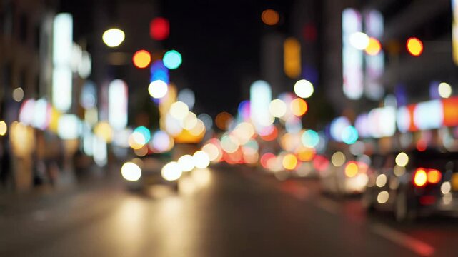 A blurred nighttime cityscape showcases a vibrant stream of vehicle lights and illuminated signs along a busy urban road.