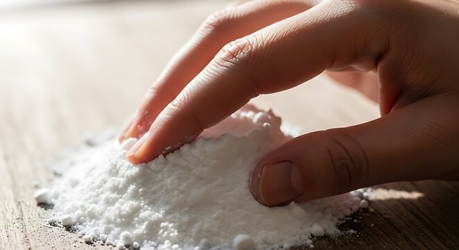 Close up of a hand touching a pile of white flour on a wooden kitchen table. bicarbonate de soude