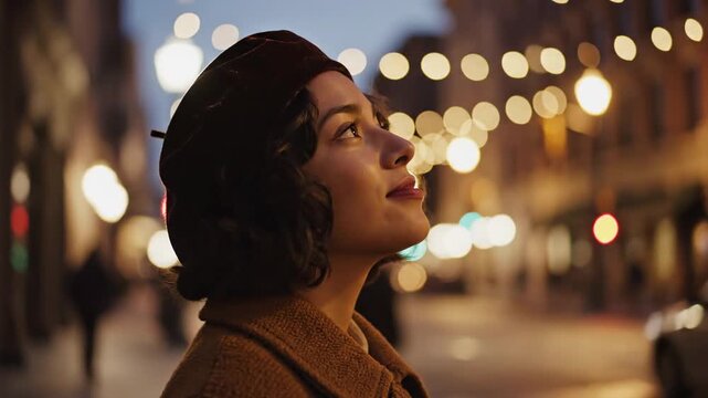 Beautiful young woman wearing a beret looking up at city lights during a winter evening walk.