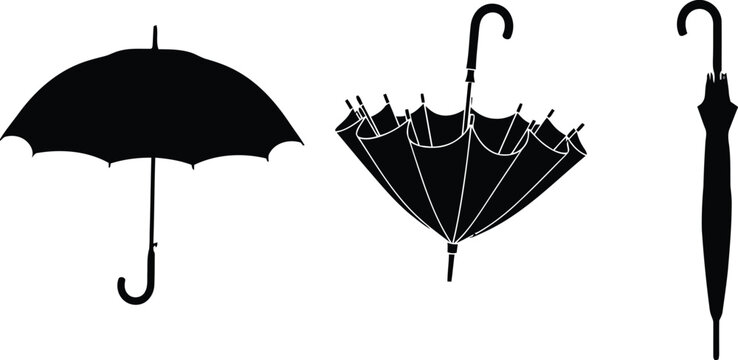 Set of Black Umbrella Silhouettes in Different Positions