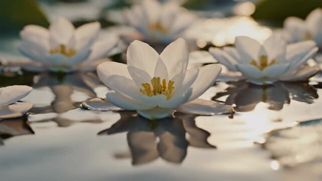 Beautiful white water lilies floating on a peaceful pond with soft morning sunlight reflections.