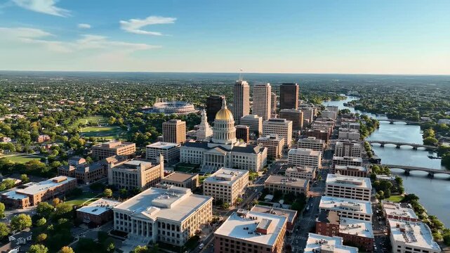 An aerial view showcases the vibrant cityscape of Oklahoma City, Oklahoma, highlighting its iconic capitol building and sprawling urban landscape alongside the Arkansas River.