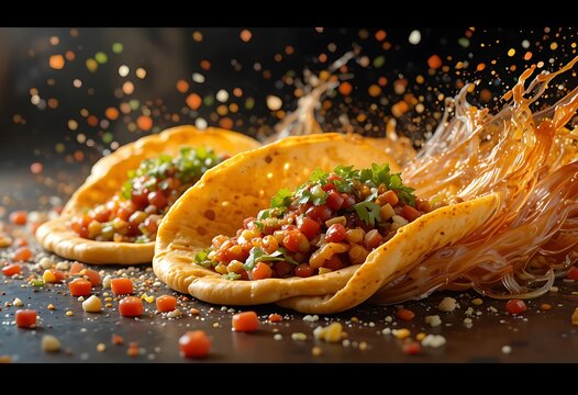 Two delicious tacos with meat and vegetables with a spicy sauce splash on a dark background. mexican sopes