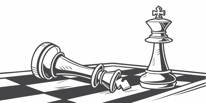 Graphic illustration of fallen chess king on checkered board with checkmate strategy competition monochrome isolated illustration planning thinking decision challenge leadership abstract