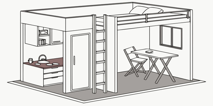 Line art illustration of a tiny house interior with kitchen and dining area interior furniture apartment microwave minimalist lifestyle illustration functional architecture planning