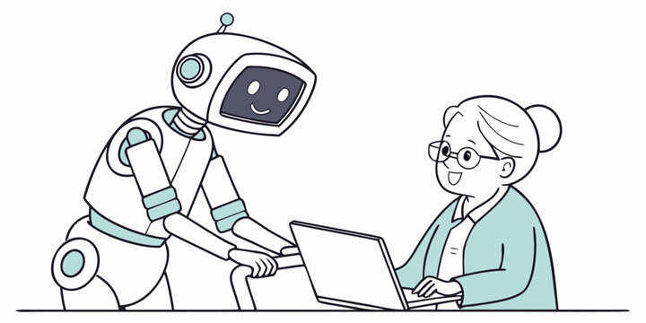 Friendly robot helping senior woman with laptop computer technology assistance friendly automation humanoid innovation learning education interface interaction connection