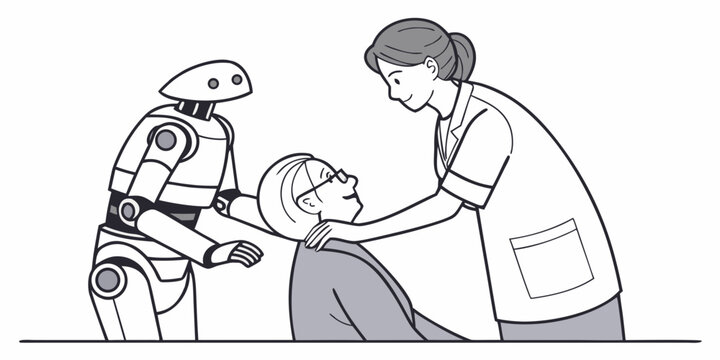 Human nurse caregiver and medical robot helping senior woman with healthcare caregiver assistance technology humanoid automation collaboration professional intelligent innovation artificial