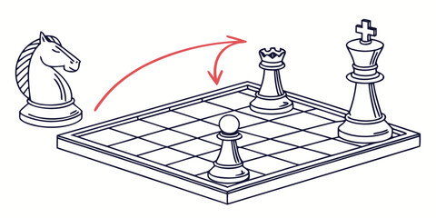 Chess knight moving on the board to threaten the rook and king with strategy planning competition challenge decision intellectual business leadership management direction illustration © AF