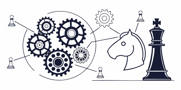 Chess strategy metaphor featuring king and knight with gear mechanism representing mechanical operation and system control mechanism strategy operation mechanical engineering industry planning