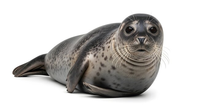 Seal lying down looking at the camera with white background