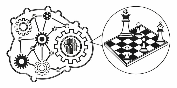 Gears and brain network connected to a chessboard with mechanism strategy intelligence planning cognitive engineering thinking analysis illustration business competition intellect decision