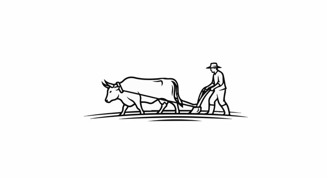 Farmer with ox and plow cultivates land in minimalist line art