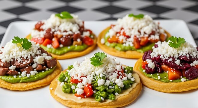 Four delicious colorful mexican tostadas served on a plate. mexican sopes