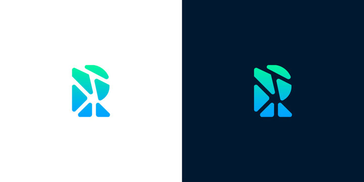 Modern letter R logo design with a shattered geometric style and vibrant blue-green gradient, symbolizing innovation, digital presence, and a dynamic corporate identity