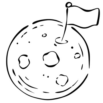 Cute Cartoon Moon with Flag Line Art Illustration