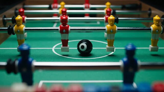 Foosball table closeup with ball in center.