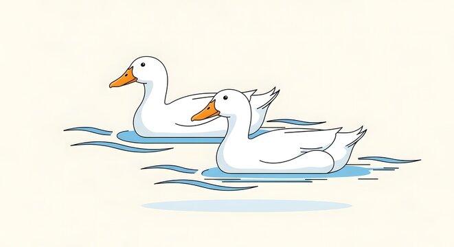 Two white ducks swimming together in calm blue water side by side