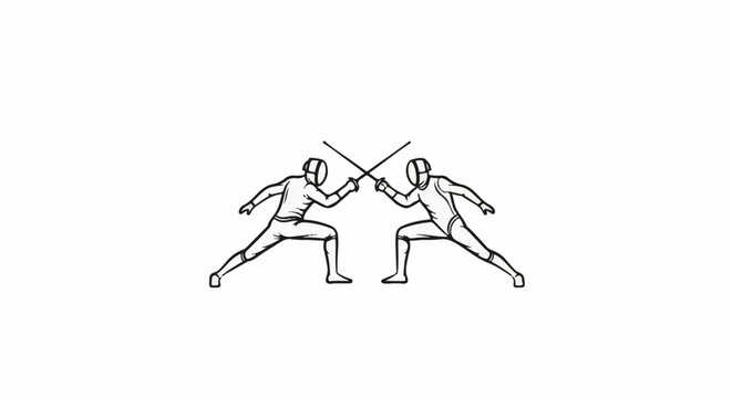 Two fencers in protective gear engage in a duel, swords crossed