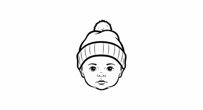 A line drawing of a baby's face wearing a bobble hat with a striped band