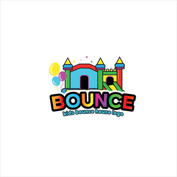 Kids bounce house real estate logo design showing a house and building icon in a clean and colourful modern style