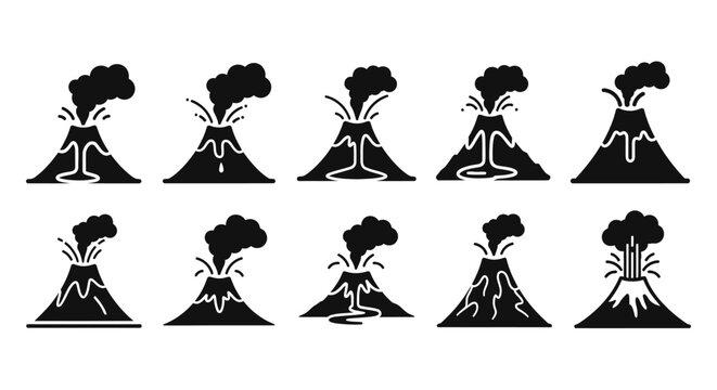 Volcano Eruption Icons Set: Lava Flow, Smoke Plume, Explosions