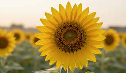 Fototapeta premium Sunflower facing camera in expansive field at dusk