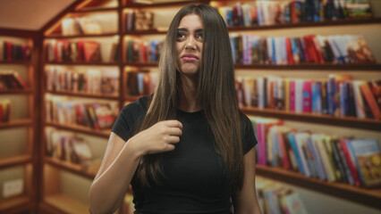 Young hispanic woman touches hair while standing between tall bookshelves in a cozy bookstore  disgust hesitation. © Krakenimages.com